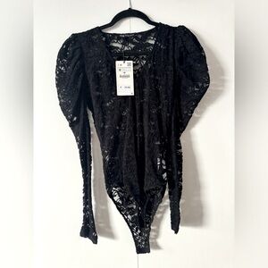 NWT - ZARA Floral Sheer Lace Bodysuit With Puffy Sleeves